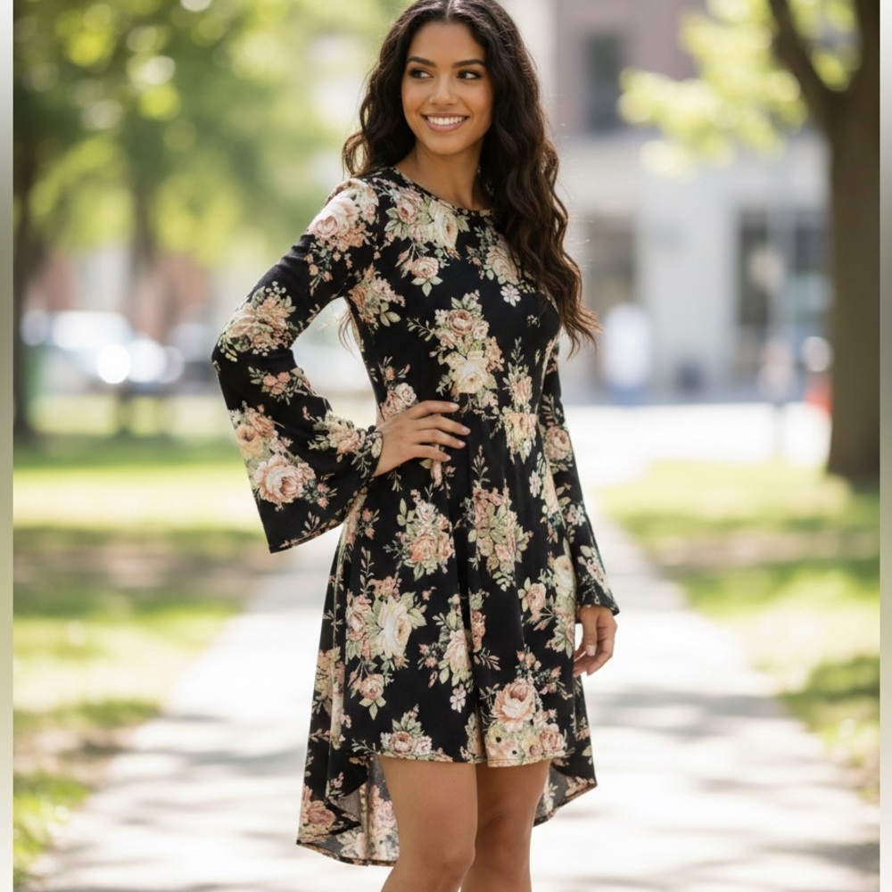 Free People Floral High Low Bell Sleeve Mini Dress Whimsigoth Boho Romantic